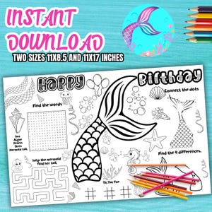 Puede incluir: Una hoja de actividades de cumpleaños con temática de sirenas imprimible con las palabras "Descarga instantánea" y "Dos tamaños 21,6 x 21,6 cm y 27,9 x 43,2 cm". Incluye una búsqueda de palabras, conecta los puntos y otros juegos. Se incluyen lápices de colores.