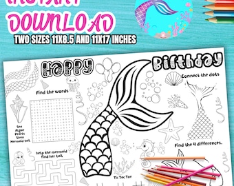 Little mermaid activity placemat, Mermaid coloring page, Birthday mermaid tail placemat, Mermaid tail, Coloring activit, INSTANT DOWNLOAD