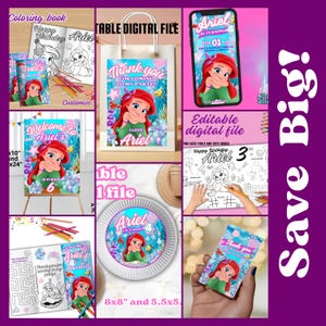 May include: A collage of party supplies featuring the Little Mermaid, Ariel. Items include a coloring book, a gift bag, a phone screen, a welcome sign, a plate, and thank you cards. The theme is a birthday party.