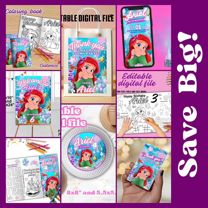 May include: A collage of party supplies featuring the Little Mermaid, Ariel. Items include a coloring book, a gift bag, a phone screen, a welcome sign, a plate, and thank you cards. The theme is a birthday party.