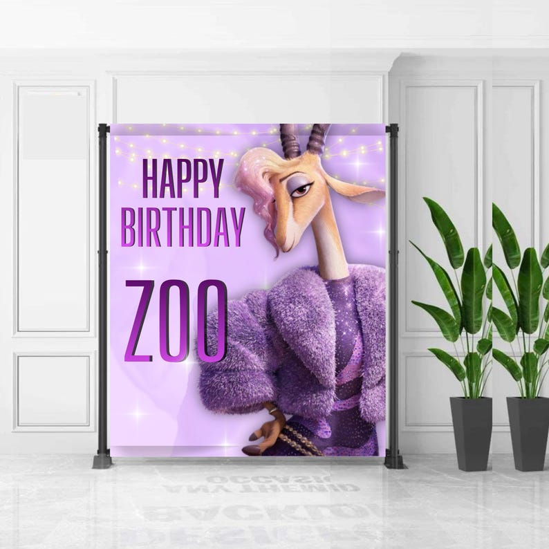 May include: A purple banner with the words "HAPPY BIRTHDAY ZOO" in large, bold letters. The banner features a cartoon gazelle wearing a purple fur coat. The background is a light purple with small, twinkling lights.