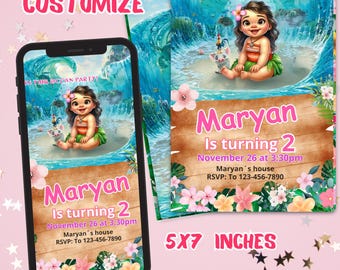 Convite de aniversário editável Baby Moana, convite de aniversário para impressão Baby Vaiana, modelo de festa infantil, convite no Canva, DOWNLOAD DIGITAL M06