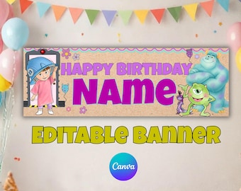 Tło banerowe Monsters Inc, baner urodzinowy Boo, przyjęcie urodzinowe Sulley, tło stołu z deserami, plik cyfrowy - M45