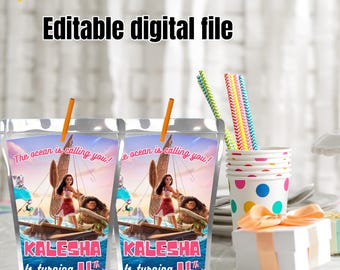 Editable moana 2 Capri sun label Tropical Juice Pouch Labels Kids moana Template Printable Aloha party Download , EDITABLE DIGITAL FILE M06