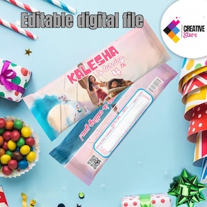 May include: Printable digital file for a birthday party. The design features a pink and blue background with a picture of Moana and a cat. The text says "Kalesha is turning 4th".