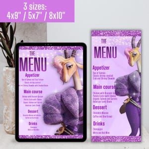 以下が含まれることがあります： 紫色の衣装を着た漫画のガゼルをフィーチャーしたメニューデザイン。メニューには、前菜、メインコース、デザート、飲み物が含まれています。メニューは3つのサイズで利用できます：10x23 cm、13x18 cm、20x25 cm。