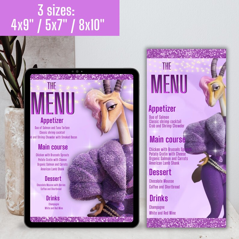 以下が含まれることがあります： 紫色の衣装を着た漫画のガゼルをフィーチャーしたメニューデザイン。メニューには、前菜、メインコース、デザート、飲み物が含まれています。メニューは3つのサイズで利用できます：10x23 cm、13x18 cm、20x25 cm。