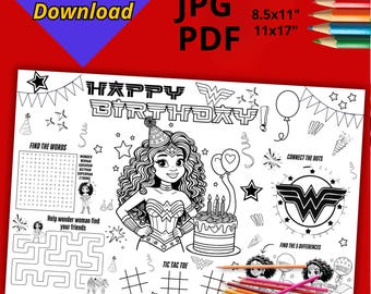 Birthday placemat for wonder woman, Justice League party coloring activity mat, children's party activity, Coloring page, INSTANT DOWNLOAD