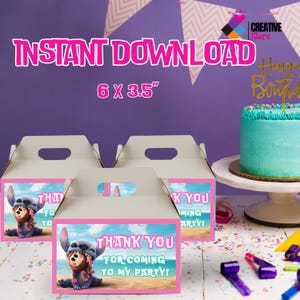 May include: Party favor boxes with a cartoon character design. The boxes have a pink and blue theme with the text "Thank You For Coming To My Party!" printed on the front. The boxes are 6 x 3.5 inches.