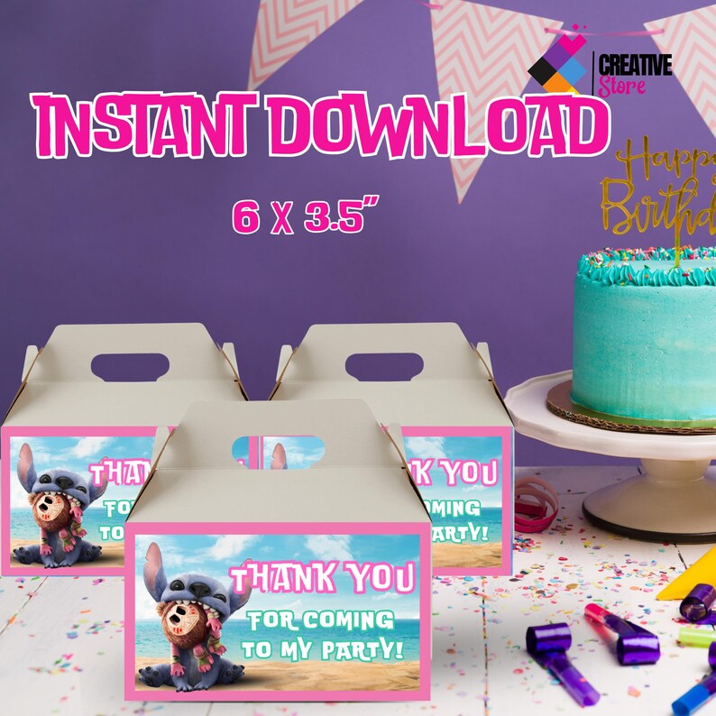 May include: Party favor boxes with a cartoon character design. The boxes have a pink and blue theme with the text "Thank You For Coming To My Party!" printed on the front. The boxes are 6 x 3.5 inches.