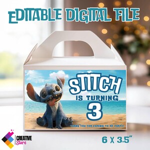 May include: A blue and white favor box with a cartoon image of Stitch from Lilo & Stitch. The box has the text "Stitch is turning 3" and "Thank you for coming to my party!" The box measures 6 x 3.5 inches.