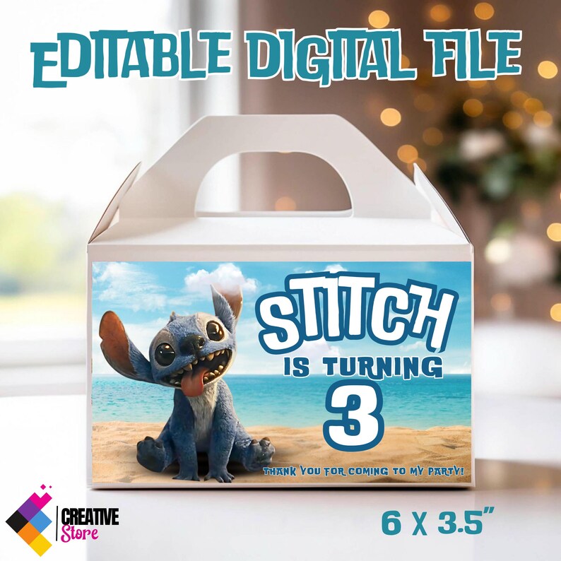 May include: A blue and white favor box with a cartoon image of Stitch from Lilo & Stitch. The box has the text "Stitch is turning 3" and "Thank you for coming to my party!" The box measures 6 x 3.5 inches.