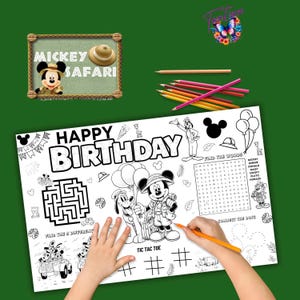 May include: A black and white printable coloring page featuring Mickey Mouse and Pluto in safari outfits. The page includes a maze, a connect the dots activity, a tic-tac-toe game, and a word search. The text "Happy Birthday" is at the top of the page.