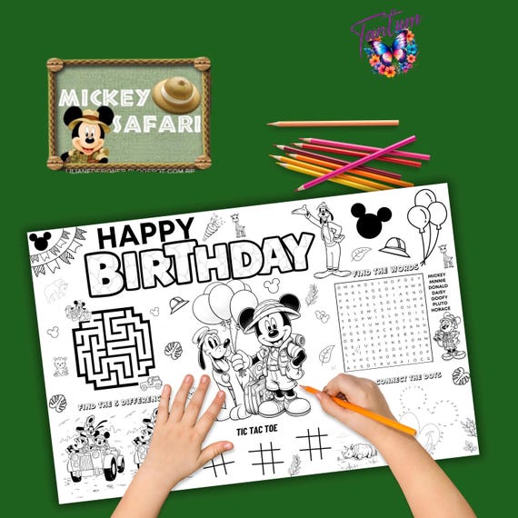 Mouse safari coloring page, safari mouse birthday placemat, mickey party, coloring activity, kids activity party, INSTANT DOWNLOAD MK01