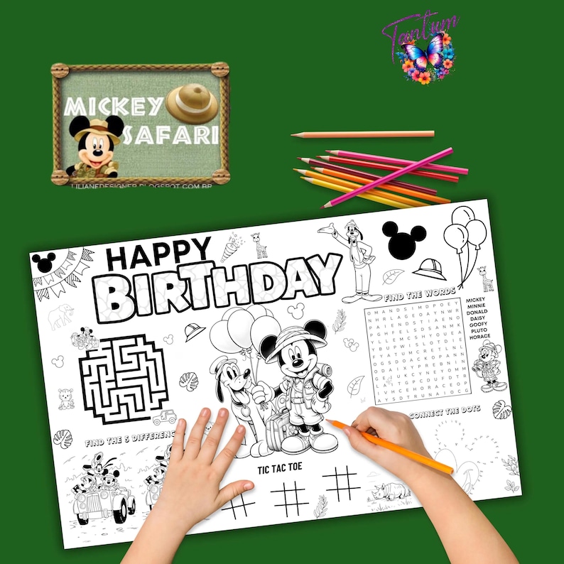 May include: A black and white printable coloring page featuring Mickey Mouse and Pluto in safari outfits. The page includes a maze, a connect the dots activity, a tic-tac-toe game, and a word search. The text "Happy Birthday" is at the top of the page.