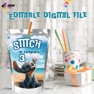 May include: A blue and white juice pouch with a cartoon image of Stitch from Lilo & Stitch. The pouch has the text "Stitch is turning 3" on it.