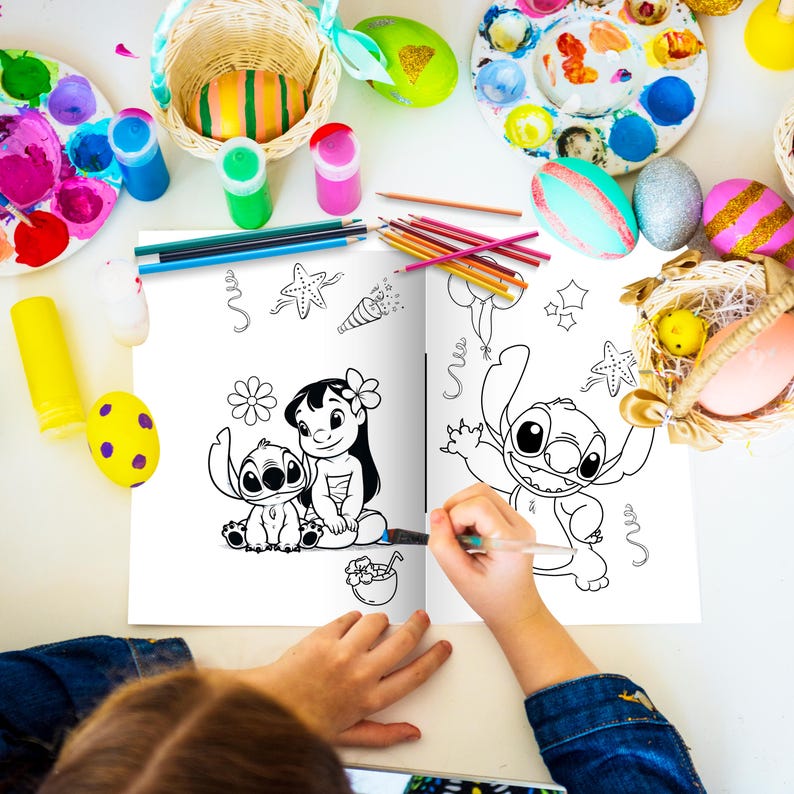 May include: A coloring book featuring Stitch and Lilo from Disney's Lilo & Stitch. The book is open to a page with black and white illustrations of Stitch and Lilo. A child is coloring the book with a blue marker.