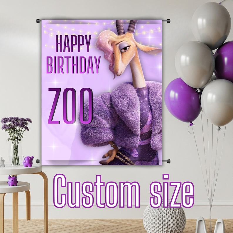 May include: A custom-sized banner with a purple background and the words "HAPPY BIRTHDAY ZOO" in large, bold, purple letters. The banner features a cartoon gazelle wearing a purple fur coat. Several purple and gray balloons are in the background.