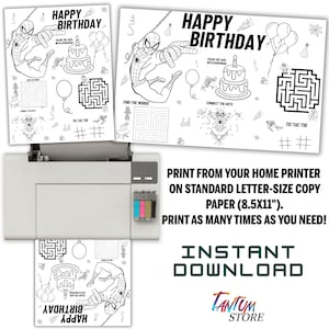 May include: Black and white printable coloring page featuring Spiderman, a birthday cake, balloons, and various games like connect the dots, tic-tac-toe, and a word search. The page says "Happy Birthday" at the top.