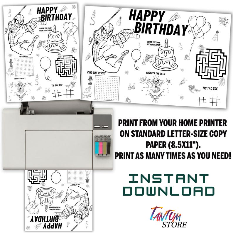 May include: Black and white printable coloring page featuring Spiderman, a birthday cake, balloons, and various games like connect the dots, tic-tac-toe, and a word search. The page says "Happy Birthday" at the top.