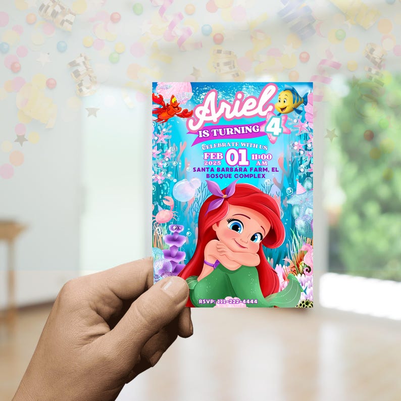 May include: Ariel birthday party invitation featuring Ariel the mermaid with red hair and a green tail. The invitation includes the text "Ariel is turning 4" and event details for February 1, 2025.