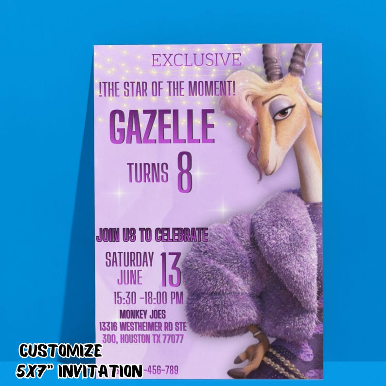 K&ouml;nnte beinhalten: Eine 5x7 Zoll Einladung mit einer Cartoon-Gazellenfigur. Der Einladungstext lautet "GAZELLE TURNS 8" und enth&auml;lt Veranstaltungsdetails: Datum, Uhrzeit und Ort. Der Hintergrund ist ein Farbverlauf aus Lila und Blau.