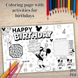 Mickey Mouse Birthday Placemat, Mickey Mouse Party, Coloring Activity Mat, Kids Party Activity | Coloring Page, INSTANT DOWNLOAD MK01