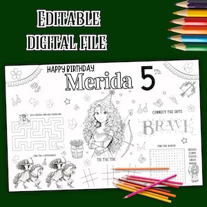 Op de afbeelding: Een zwart-witte printbare kleurplaat met Merida uit de film Brave. De pagina bevat een doolhof, een verbind-de-stippen spel, een woordzoeker, een zoek-de-verschillen spel en een tic-tac-toe spel. De tekst "Happy Birthday Merida 5th" staat bovenaan de pagina.
