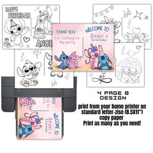 May include: Printable 8.5x11 inch coloring pages featuring Stitch and Angel from Disney's Lilo & Stitch. The pages include a welcome sign, thank you card, and two coloring pages. The text on the welcome sign reads "Welcome to Angel's 3rd Birthday".