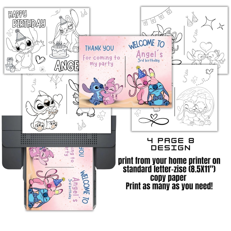 May include: Printable 8.5x11 inch coloring pages featuring Stitch and Angel from Disney's Lilo & Stitch. The pages include a welcome sign, thank you card, and two coloring pages. The text on the welcome sign reads "Welcome to Angel's 3rd Birthday".