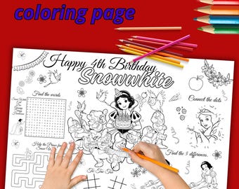 Birthday Party EDITABLE Placemat, Snow white Birthday Activity Sheet, Coloring Page, snow white Birthday Placemat, DIGITAL FILE S37