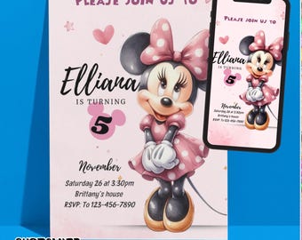 Zaproszenie na przyjęcie urodzinowe z akwarelową Minnie, zaproszenie urodzinowe Minnie, edytowalny szablon, zaproszenie mobilne, cyfrowe, PLIK CYFROWY M09