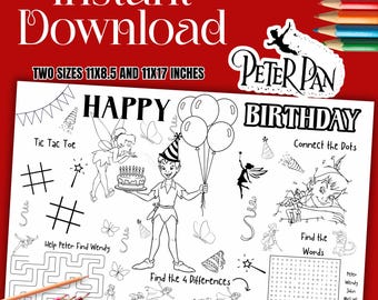 Peterpan Coloring page, Peter pan birthday placemat, Peterpan activity set party, Peter pan coloring activity, INSTANT DOWNLOAD