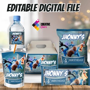May include: A collection of party supplies featuring a superhero theme, including a water bottle, juice pouch, snack bag, favor box, and candy bar wrapper. Each item is decorated with the text "JHONNY'S 4th BIRTHDAY" and superhero graphics.