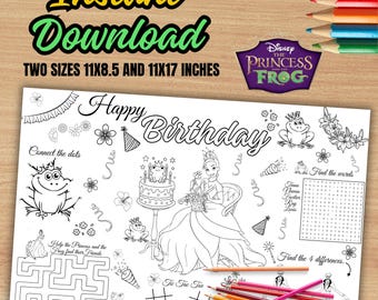 The princess and the frog Activity Placemat, Tiana Placemat, Tiana and the frog Coloring Sheet, Tiana coloring page, INSTANT DOWNLOAD
