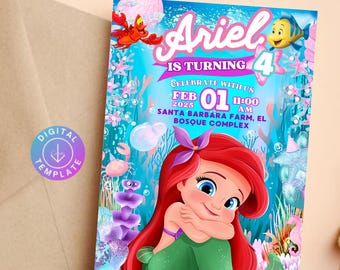 Little mermaid Birthday Party Invite, Little mermaid digital Invitation Template, instant download, customizable, DIGITAL DOWNLOAD S10