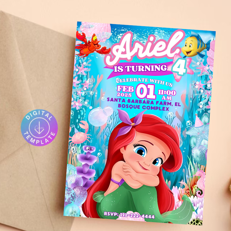 May include: Ariel-themed birthday invitation featuring the Little Mermaid. The invitation has a turquoise background with illustrations of Ariel, Flounder, and Sebastian. The text reads "Ariel is turning 4" and includes party details.