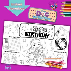 Doc McStuffins Activity Placemat, Doc McStuffins Placemat, Doc McStuffins Sheet, Doc McStuffins coloring page, INSTANT DOWNLOAD D32