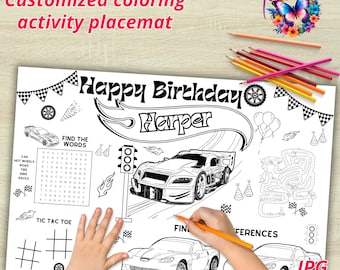 Editable race cars coloring page, race cars birthday placemat, personalized activity set, race cars party, editable coloring activity H13