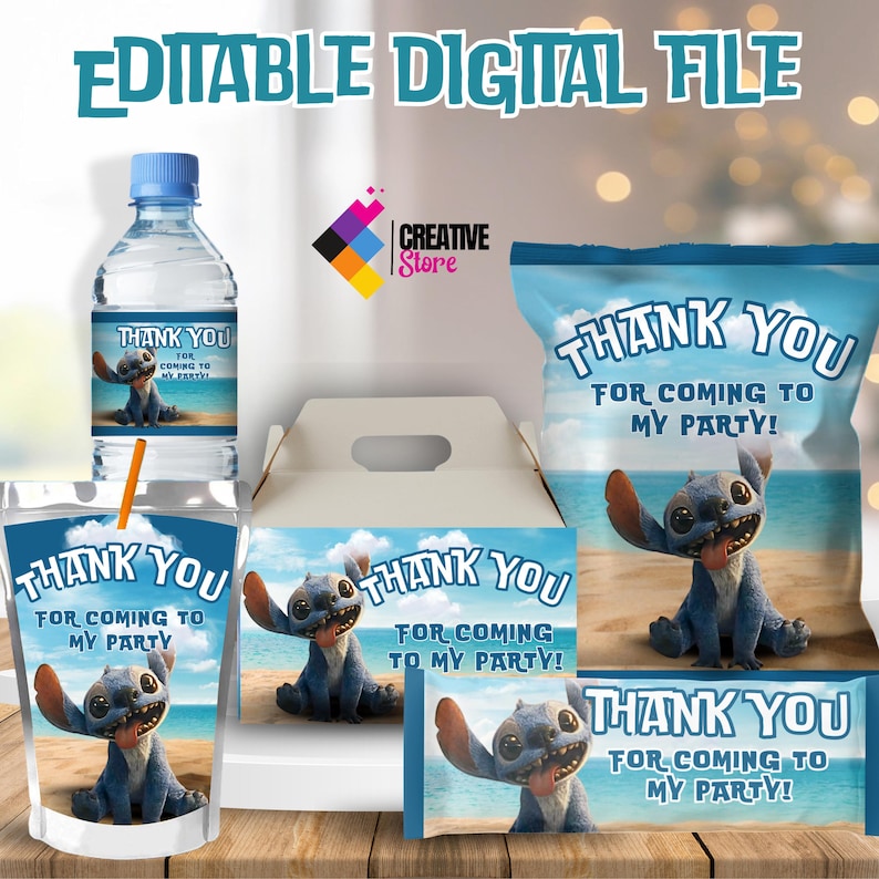 May include: A collection of party supplies featuring a blue cartoon character on a beach background. Items include a water bottle, juice box, snack bag, and various labels, all with the text "THANK YOU FOR COMING TO MY PARTY!" and "EDITABLE DIGITAL FILE".