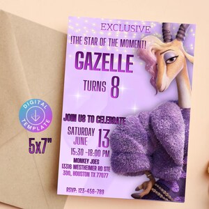 K&ouml;nnte beinhalten: Eine digitale Einladungskarte mit lila Hintergrund, mit einer Cartoon-Gazelle und dem Text "GAZELLE TURNS 8". Die Einladung ist 12,7 x 17,8 cm gro&szlig; und enth&auml;lt Eventdetails wie Datum, Uhrzeit und Ort.