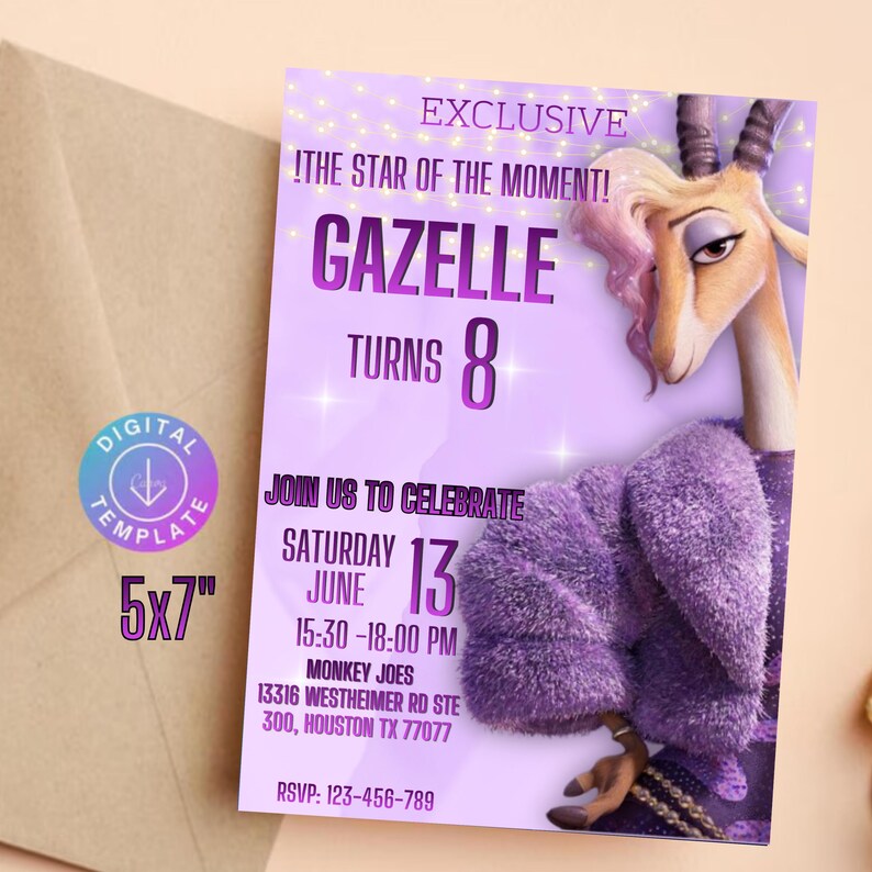 K&ouml;nnte beinhalten: Eine digitale Einladungskarte mit lila Hintergrund, mit einer Cartoon-Gazelle und dem Text "GAZELLE TURNS 8". Die Einladung ist 12,7 x 17,8 cm gro&szlig; und enth&auml;lt Eventdetails wie Datum, Uhrzeit und Ort.