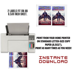 May include: Two printable labels featuring Captain America with the text "Thank you for coming to my party" and "Captain Moises". The labels are designed to fit on an 8.5x11 inch sheet of paper.