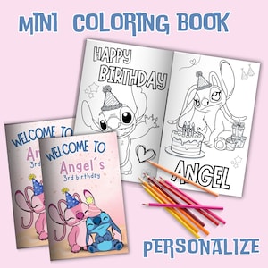 May include: A coloring book with a blue and pink Stitch character on the cover. The book is titled "Welcome to Angel's 3rd birthday". The inside pages feature a black and white illustration of Stitch with a birthday cake and the text "Happy Birthday" and "Angel".
