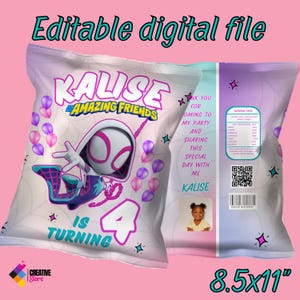 Editable ghost spider girl Chip Bags for party favors, party bags, Spider girl birthday, Spider girl chip bags, DIGITAL DOWNLOAD G38