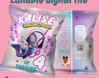 Editable ghost spider girl Chip Bags for party favors, party bags, Spider girl birthday, Spider girl chip bags, DIGITAL DOWNLOAD G38