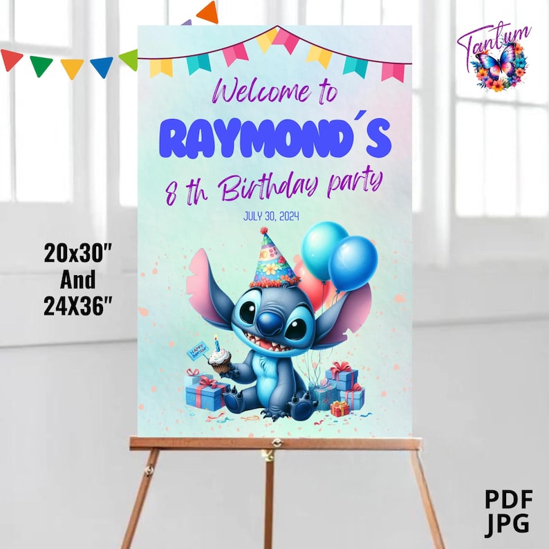 May include: A blue and purple welcome sign for Raymond's 8th birthday party. The sign features a cartoon Stitch character holding a cupcake and surrounded by presents and balloons. The text on the sign reads "Welcome to Raymond's 8th Birthday Party" and "July 30, 2024".