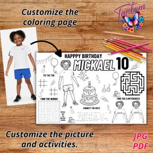 Puede incluir: Una página para colorear imprimible en blanco y negro con un tema de cumpleaños. La página presenta a un niño, un pastel de cumpleaños, un laberinto, una actividad de conectar los puntos y una búsqueda de palabras. El texto "Feliz cumpleaños Mickael 10" está en la parte superior de la página.