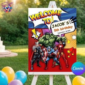 Puede incluir: Un cartel de bienvenida para una fiesta de cumpleaños de 5 años con temática de cómics. El cartel tiene un fondo rojo, amarillo y azul con imágenes de superhéroes como Hulk, Thor, Iron Man y Captain America. El texto en el cartel dice "Welcome to Jacob's 5th birthday, September 30, 2024".