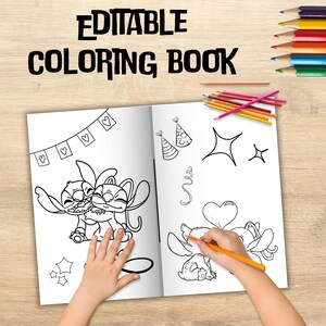 May include: A black and white coloring book featuring Stitch and Angel from the Disney movie Lilo & Stitch. The book has a cover that says "Editable Coloring Book" and includes a child's hand coloring the book with a yellow pencil.